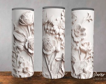 3D White Floral Tumbler Wrap: Cottagecore Wedding Design (PNG Digital Download)
