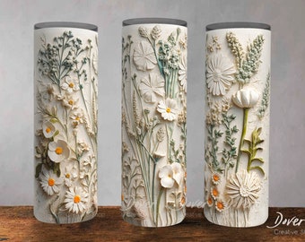 White Floral Tumbler Wrap: 3D Botanical Design (PNG Digital Download)