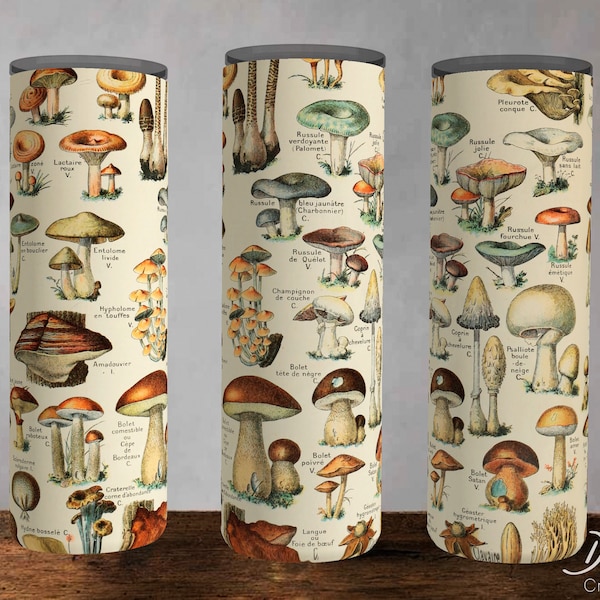 Seamless Vintage Mushrooms, Aesthetic Sublimation Tumbler Wrap | Digital Download for 20oz Skinny Tumbler, PNG