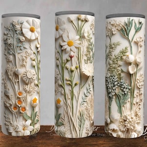 3D White Floral Tumbler Wrap: Cottagecore Botanical Design (PNG Digital Download)