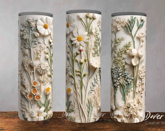 3D White Floral Tumbler Wrap: Cottagecore Botanical Design (PNG Digital Download)