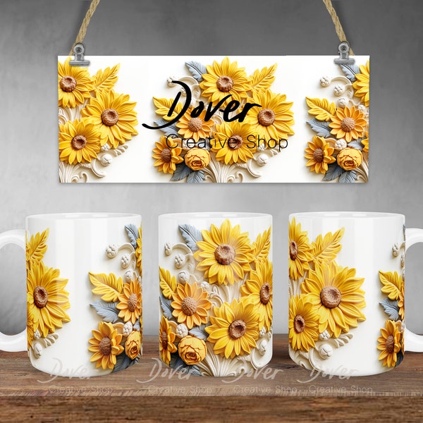 3D Sunflower Mug Sublimation Template - Sublimation Designs -11 oz Mug -15 oz Mug PNG Mug Templates - Cricut Mug Press Designs Wrap