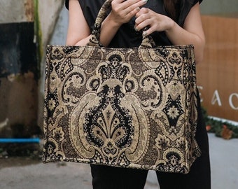 Premium Woven Tapestry Jacquard in Bold Gold and Black Pattern - Large Tote Bag