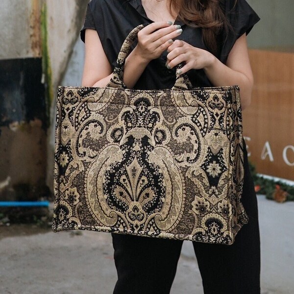 Premium Woven Tapestry Jacquard in Bold Gold and Black Pattern - Large Tote Bag