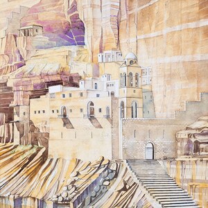 Saint George's Monastery, Fine Art Giclée Print of Watercolor Painting, Historic Desert Monastery Art, Sacred Landscape Wall Decor