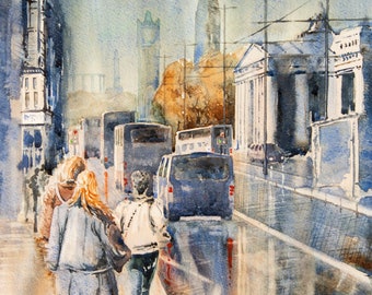 Edinburgh, Princes Street In The Rain, Original watercolour painting or fine art giclee print