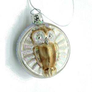 Vintage Glass Owl Reflector Ornament, Blown Glass Christmas Decoration, Woodland Holiday Tree Accent, Collectible Owl Decor, Retro Bauble