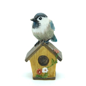 Cottage Birdhouse Figurine, Mini Blue Songbird Shelf Decor, Rustic Spring Accent, Vintage Style Cottagecore Display, Woodland Garden Gift