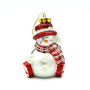 Adorno de muñeco de nieve de cristal, decoración vintage para árbol de Navidad, bola navideña roja y blanca, adorno coleccionable de cristal soplado, decoración acogedora para el invierno.