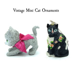 Miniature Hanging Cat Ornaments, Gray Kitten With Bow, Floral Black Cat Figurine, Whimsical Cat Decor, Cottagecore Christmas