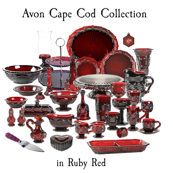 Vintage Red Glassware Dinnerware, Avon Cape Cod Ruby Red Collection, Wine Glass Water Goblet Dinner Plate Bowl TeaCup Coffee Mug Salt Pepper