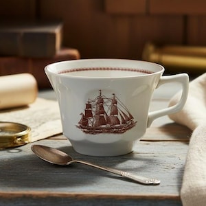 Tasse à thé nuage volant Wedgwood, navire de clipper nautique Transferware, décor côtier du milieu du siècle, esthétique pêcheur