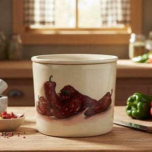 Olla de barro pintada con pimiento rojo estilo granja y tapa, cerámica del suroeste, decoración vintage Marshall, Texas, torneada a mano, juego de enfriador de salsas