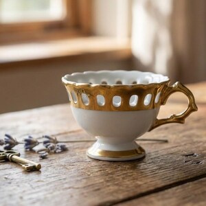 Puede incluir: Una taza de té blanca y dorada con un asa y borde decorativos está sobre una mesa de madera. Una llave vintage y ramitas de lavanda están junto a la taza de té. La taza de té tiene una banda dorada alrededor de la base y el borde.