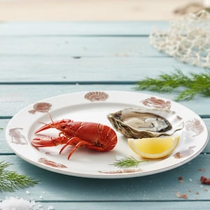 Frankoma Pottery Seafare White Seafood Chop Plate, Vintage Round Platter with Lobster Crab Shellfish, Coastal Beach Serving Dish, 13 3/8"