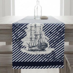 Nautical Table Runner, Navy Stripe Coastal Decor, Ship and Rope Print Table Linen, Beachy Summer Table Styling, Beach House Runner
