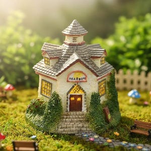 Miniature Tea Room Figurine, Octagon Village House, Cottagecore Fairy Garden Decor, Storybook Collectible Building, Shelf or Plant Pot Decor
