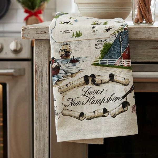 New Hampshire Map Tea Towel, Souvenir Kitchen Towel, Dover NH Landmarks Print, New England Travel Gift, Vintage Style State Dish Towel