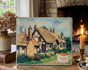 Cottagecore Toffee Tin, Vintage English Candy Box With Thatched Cottage Art, Sharp’s Hinged Metal Tin, Storybook Kitchen Decor