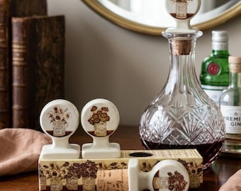 Botanical Wine Stopper Set, Ceramic Floral Bottle Toppers, Flower Art Kitchen Decor, French Country Barware, Boxed Gift Set