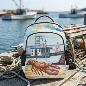 パーソナライズされたロブスターバックパック、カスタムネーム入り航海バッグ、沿岸ロブスターボートプリント、新学期ギフト、キッズティーンブックバッグ、漁師スタイル