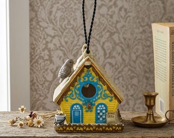 Portavelas vintage PartyLite con forma de casita de pájaros, luminaria Wrens Resort, casita de pájaros amarilla, decoración rústica y original para el hogar.