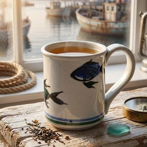 Taza de cerámica Coastal Studio, diseño de pez azul, estilo pescador, decoración náutica para cocina, cerámica firmada, estilo oceánico