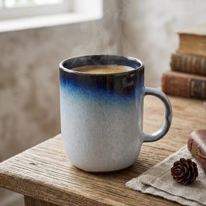 May include: A ceramic mug with a gradient blue and white design, filled with a hot beverage. The mug sits on a wooden table, with steam rising from the drink. A stack of books and a pine cone are in the background.