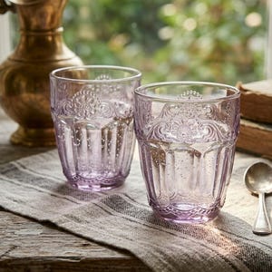 Pair of Amici Baroque Lilac Glasses, Embossed Double Old Fashioned Tumblers, Romantic Cottagecore Barware, Vintage Style Purple Drinkware