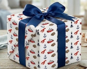 Papier cadeau phare côtier, Papier cadeau pêche au homard, Papier impression nautique, Bateau de pêche, Casier à homard, Ancre, Océan, Cadeaux pour la plage