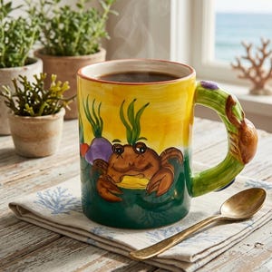 Unique Crazy Fun Crab Coffee Mug | Funny Crustacean Gift | Beachy Home Decor | Nautical Theme Kitchen | Colorful Light Weight Cup