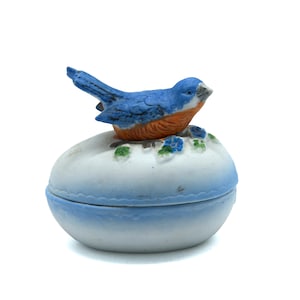 Whimsical Bluebird Trinket Dish, Cottagecore Jewelry Tray, Vintage Ceramic Keepsake, Bird Lover Gift, Trinket Box, Lidded Pottery Egg