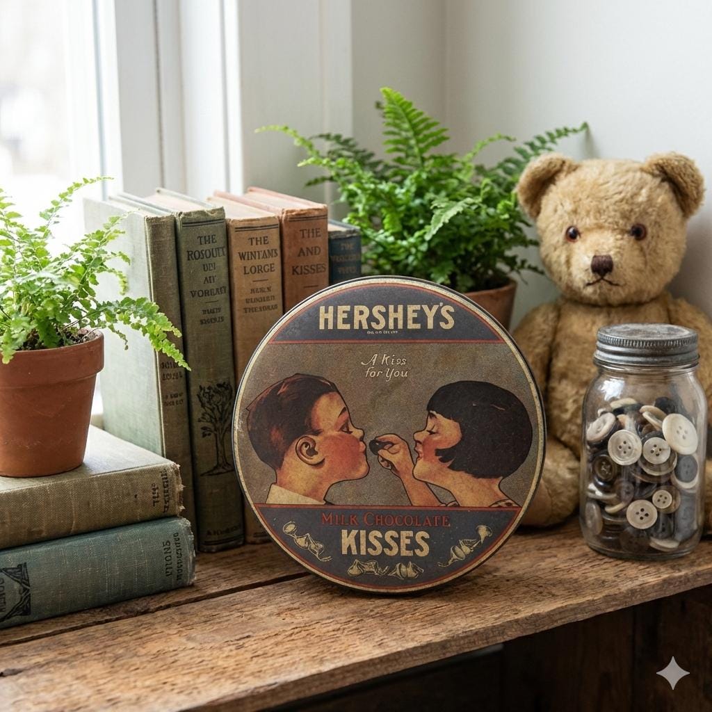 hershey'sチョコレート 麻袋 ヴィンテージ 検ハーゲンダッツ 収納 Hershey's Kisses Tin, Vintage Chocolate Advertising Box, Made in