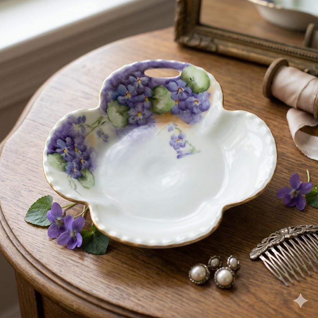 Haviland Violet Floral Plate, Handle Quatrefoil Limoges Porcelain