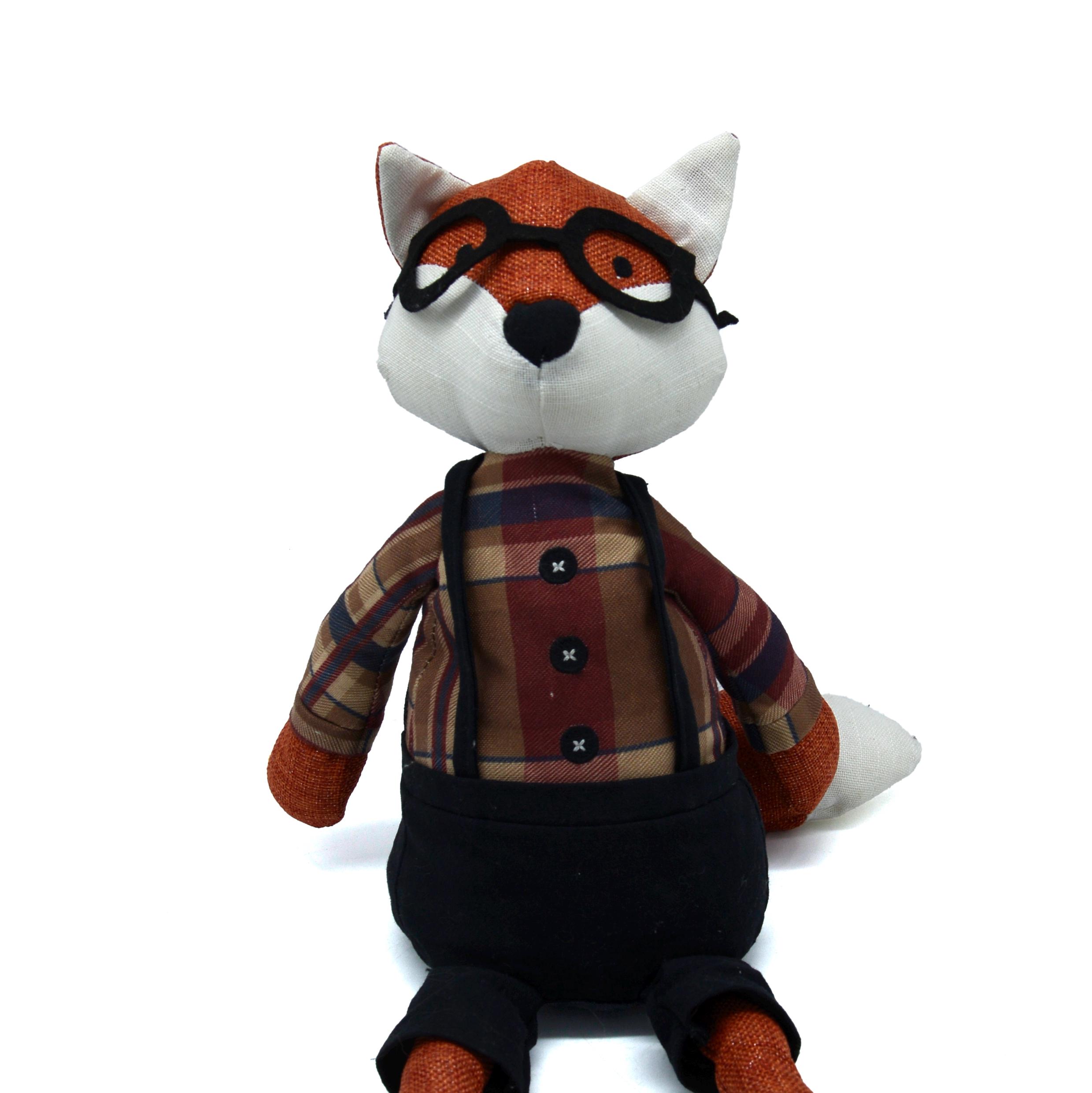 Seated Fox Plush Doll, Fall Decor Animal With Glasses, Weighted