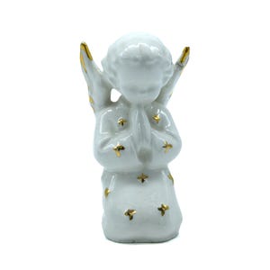 Vintage Porcelain Angel Figurine, White & Gold Ceramic Praying Angel, Midcentury Christmas, Religious Shelf Decor, Cottagecore Holiday