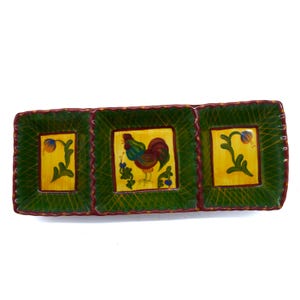 Rooster Divided Serving Tray, Cozy Farmhouse Kitchen Decor, Rustic Country Dinnerware, Foreside Pottery Style Platter, Folk Art Chicken
