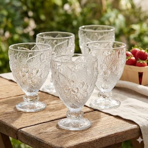 Pasabahce Clear Water Goblets with Pressed Fruit Design, Heavy Iced Tea Glasses, Strawberry Grapes and Plums