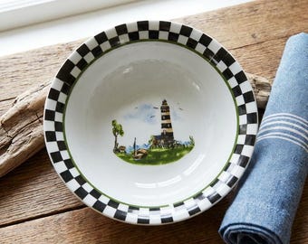 Nautical Lighthouse Tableware, ALCO Checkered Coastal Cottagecore Plates Bowls, Black & White Beach House Kitchen Decor, Coastal Charm
