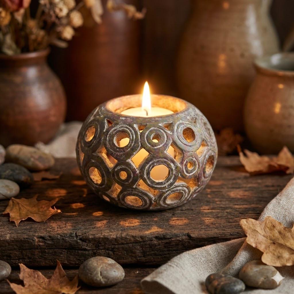 Handmade Pottery Candle Holder, Ceramic Tealight Holder or Small Planter, Boho Multicolor Decor, Unique Pierced Pottery, Folk Art