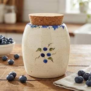 Kenwood Pottery Blueberry Canister, Small Maine Pottery Jar with Cork Lid, Signed Studio Art Pottery, Cottage Kitchen Decor, 4.5 Inch