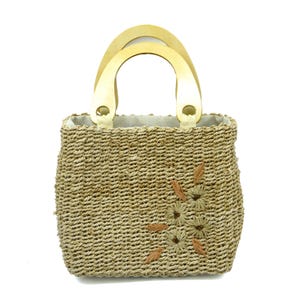Kleine Handtasche aus gewebtem Stroh, Handtasche mit Blumenmuster, Boho Cottagecore Tasche, Sommertasche mit Holzgriff, Naturfaser Cabincore Handtasche