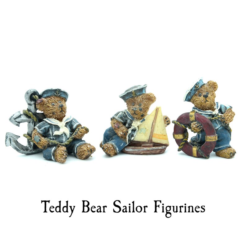 Cute Teddy Bear Sailor Figurines Sailboat Anchor Statue Nautical Home