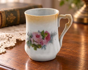 Antique German Porcelain Floral Mug with Pink Roses, Vintage Lusterware Coffee Cup, Shabby Chic Victorian Vanity Decor, Cottage Kitchen
