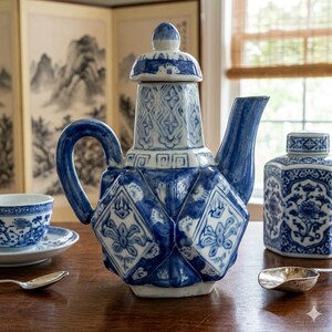 Mini cafetera de cerámica azul y blanca, tetera hexagonal pintada a mano, decoración para el hogar de estilo marroquí vintage, pequeño artículo de colección para servir café.