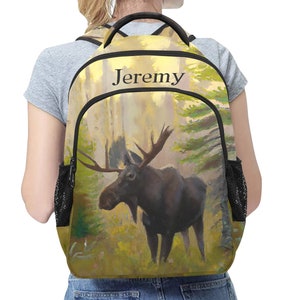 Sac à dos personnalisé en forme d'orignal, cartable pour enfant avec nom personnalisé, imprimé animal sauvage, cartable d'extérieur grande capacité, cadeau de rentrée