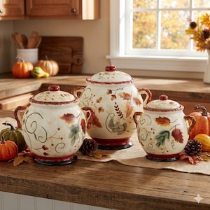 Ceramic Cookie Jars Canister Set, Fall Farmhouse Kitchen, Casual Country Home Decor, Autumn Leaves Acorns, Double Handles and Lids