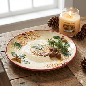 Yankee Candle Pinecone Plate, Fall Candle Holder Tray, Ceramic Pine Tree Decor, Rustic Cabin Accent, Autumn Votive Stand, Country Farmhouse