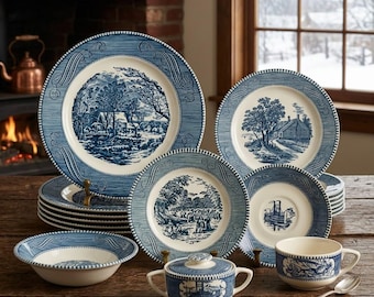 Set of 4 Vintage Blue Currier and Ives Dinner Plate 10 Inches