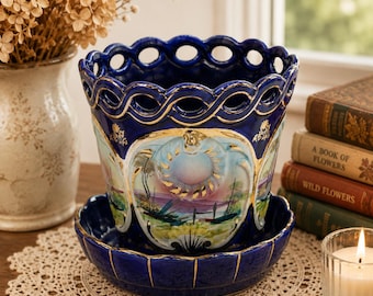 Macetero portugués vintage, maceta azul cobalto, decoración Hollywood Regency, jardinera de cerámica pintada a mano, maceta dorada de mediados de siglo.
